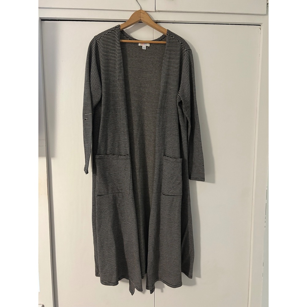 LuLaRoe Sarah Cardigan XL Black White Striped Long Duster Open Front Pockets